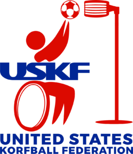 Logo of the United States Korfball Federation (USKF) featuring a red stylized figure in a wheelchair reaching up to throw a ball toward a korfball goal. The letters 'USKF' appear in bold blue above the words 'United States Korfball Federation' in blue capital letter