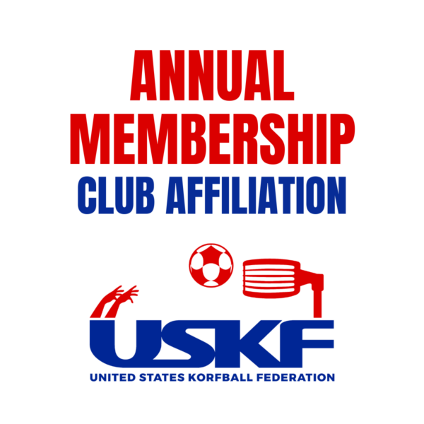 ANNUAL MEMBERSHIP CLUB AFFILIATION US Korfball Federation annual club affiliation membership graphic. Features large red text reading ‘Annual Membership,’ blue text reading ‘Club Affiliation,’ and the USKF logo with red korfball hands, ball, korf basket, and blue letters spelling USKF United States Korfball Federation.
