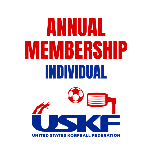 ANNUAL MEMBERSHIP INDIVIDUAL US Korfball Federation annual individual membership graphic. Features large red text reading ‘Annual Membership,’ blue text reading ‘Individual,’ and the USKF logo with red korfball hands, ball, korf basket, and blue letters spelling USKF United States Korfball Federation.