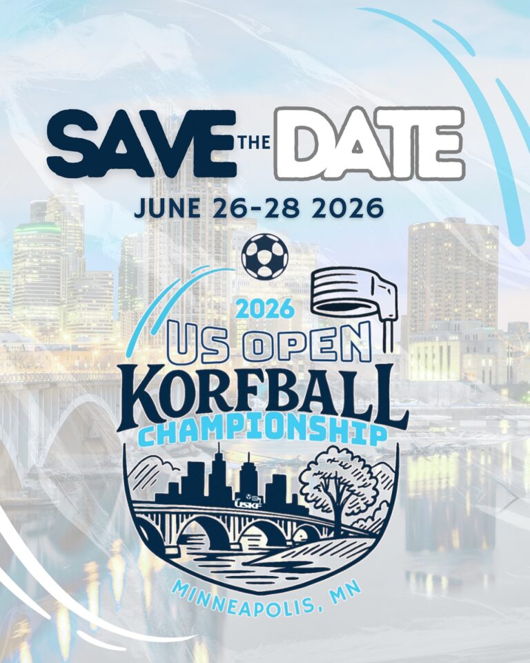 Save the Date flyer for the 2026 US Open Korfball Championship in Minneapolis, Minnesota, June 26–28, 2026. The design features the Minneapolis skyline, a bridge, and korfball imagery with the event logo. Hosted by Twin Cities Korfball.